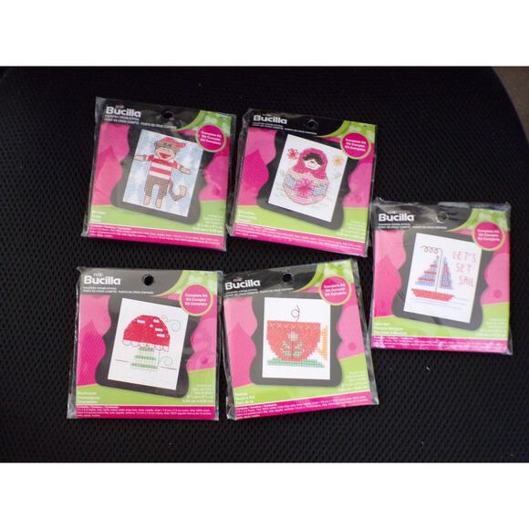 Bucilla Cross Stitch Kits Mini Frame Teacup Monkey Doll Sail Boat Mushroom - Picture 1 of 5